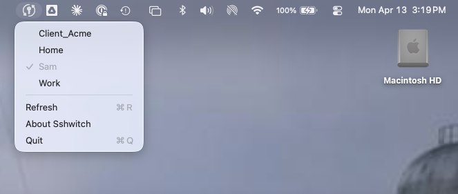 Screenshot of the Sshwitch menubar app and dropdown menu